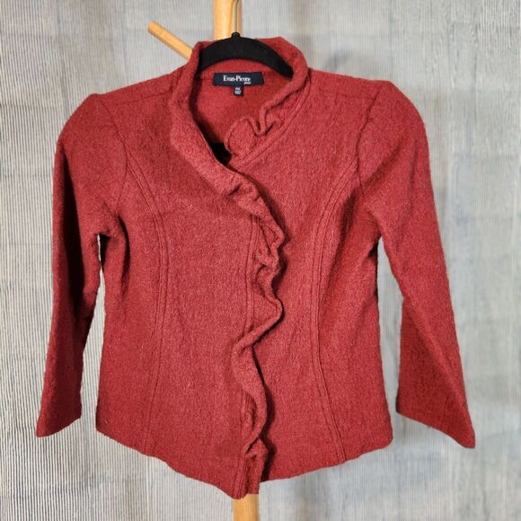 Evan Picone $95 Medium Pet Vintage Rust Red 100% Wool Short Ruffle Snap Blazer - Picture 1 of 10